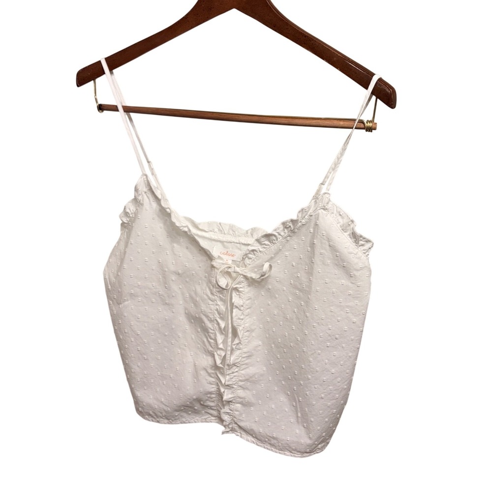 White Eyelet Top Ruffled Trim Spaghetti Straps Front Tie Sz M Coquette Fairycore - Picture 3 of 11